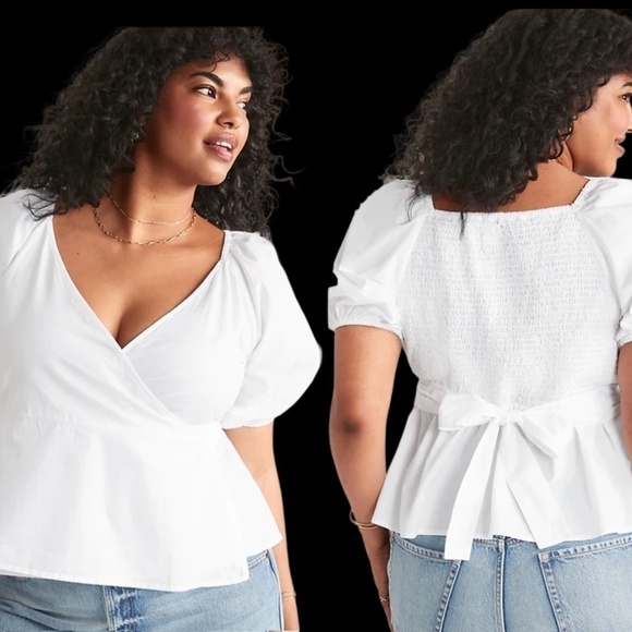 Old Navy Wrap Tie Blouse Top Shirt 100% Cotton Shirred Smocked Short Sleeve - Picture 10 of 12